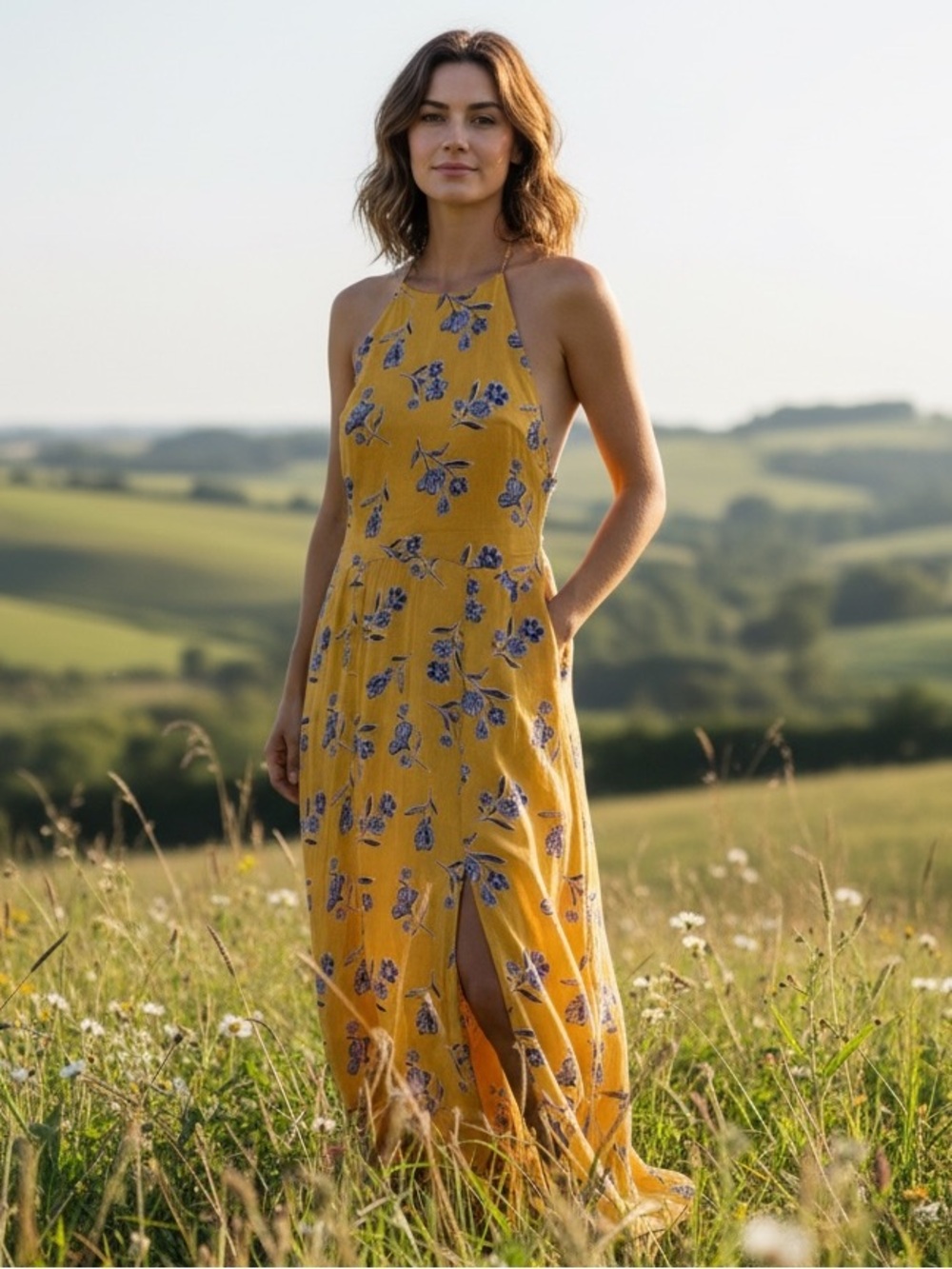 Boho Floral Halter Midi Yellow Dress Lace-Up Back sz Small